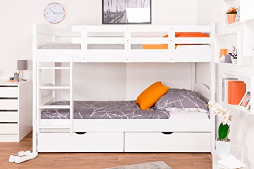 Etagenbett für Erwachsene Easy Premium Line K21 inkl. 2 Schubladen und 2 Abdeckblenden, Kopf- und Fußteil gerundet, Buche Vollholz massiv Weiß - 90 x 200 cm (B x L), teilbar