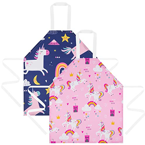 HOTUT Kinder Schürzen Set, 2PCS kochschürze kinder, Verstellbare Kinderschürze Cartoon, Schürzen für Kinder Basteln Malen Backen Kochen-Blau +Rosa