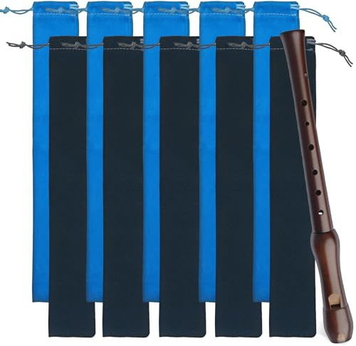 10 Pack Recorder Case with Drawstring, Soft Suede Flute Storage Bag for Soprano Recorder, Clarinet and Drumsticks, Music Classroom Supplies, 14.5 x 2.3 Inch (5 Black + 5 Blue)