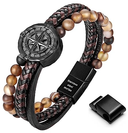 murtoo Armband Herren, Premium Lederarmband für Herren in schwarz und braun, Kompass Armband, Magnetverschluss aus Edelstahl, Tolle Geschenkidee für Männer