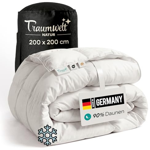 Traumwelt Natur Made in Germany duntäcke 200 x 200 cm av 90 % dun och 10 % fjädrar, vinterfilt, lämplig för allergiker (nomite), Öko-Tex 100 klass 1-certifierad, downpass