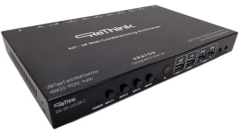 ReThink Kratos 4x1 USB-C & HDMI KVM Switcher. Supports 4 Computers, Certified Mersive Compatible, Black, Push Button, ON-NONE-ON Operation