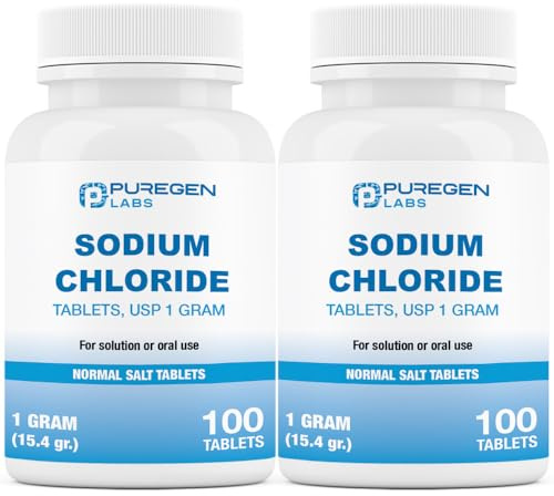 Puregen Labs Sodium Chloride Tablets 1 gm (1000 mg), USP | (15.4gr.) | Normal Salt Tablets | Electrolytes Replenisher Hydration Drink | 2 Pack - 200 Tablets Total