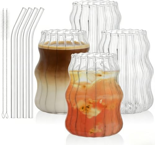 Tebery 4 Pack Cute Drinking Glasses, 16 Oz Ribbed Iced Coffee Cup Tumbler with Straws, Aesthetic Vintage Water Glassware Mug for Cocktail Smoothie Juice Beverage Milk Tea