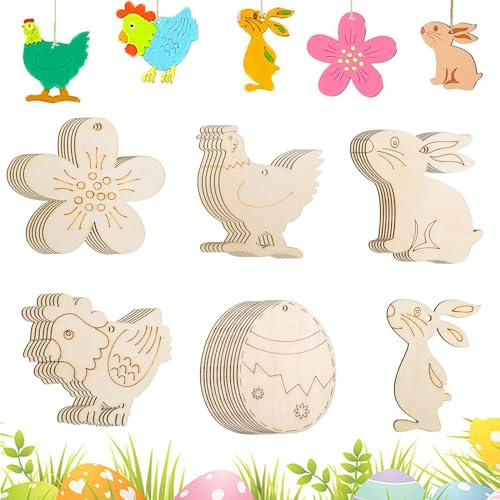 Ornamenti Pasquali in Legno, 36 Pezzi Pasqua Decorazioni Fai da Te, Decorazioni Pasqua Pendente in Legno, Artigianato in Legno di Pasqua per Bambini Decorazioni Pasqua, Regali di Pasqua