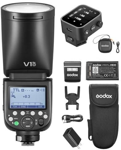 GODOX V1 PRO O Rundkopfblitz Blitzgerät + Blitzauslöser 1,3 s Wiederaufladezeit, 1/8000 s HSS, M/TTL-Blitzmodus, 32 Kanäle, eingebautes 2W Einstelllicht mit Typ-C Cable für OM System Kameras
