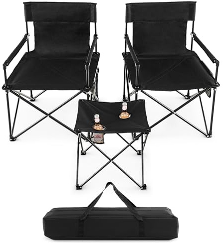COSTWAY 3 Piece Foldable Camping Chairs and Table Set, Portable Picnic Table with 2 Chairs, Cup Holders, Side Pockets & Carrying Bag, Outdoor Lightweight Table Chair Set for Hiking RV Travel
