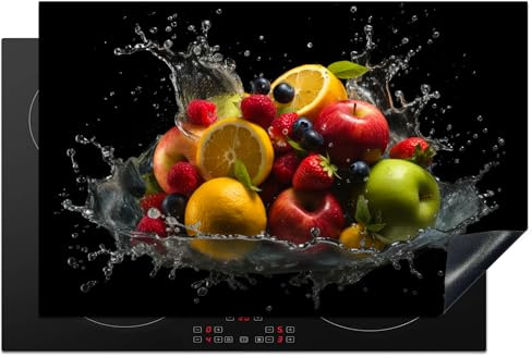 KitchenYeah© Herdabdeckplatte Einteilig Herdabdeckung Abdeckplatte für | 80x52 cm - Ceranfeld Abdeckung Induktionskochfeld Aufrollbare Matte Obst - Apfel - Orange - Rot - Wasser