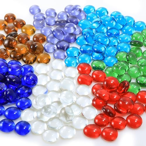 Aitsite Glasnuggets Bunt 900g, Muggelsteine Bunt Kinder, Glassteine Bunt 15-20mm, Glassteine Deko, Mosaiksteine zum Basteln, Flacher Siebenfarbiger Glasstein