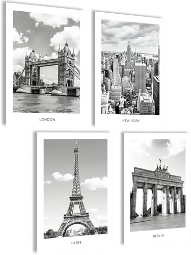 Mojoliving Bild Schwarz-Weiß New York und Berlin – Wandbild Taxi und Horizontlinie – Poster London Paris