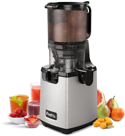 Fretta Entsafter Slow Juicer Machine, Entsafter Gemüse und Obst Testsieger, 250W Edelstahl Saftpresse Elektrisch Obstpresse mit 135mm Großem Öffnung, Leicht zu Reinigen, Umkehrfunktion, BPA Frei