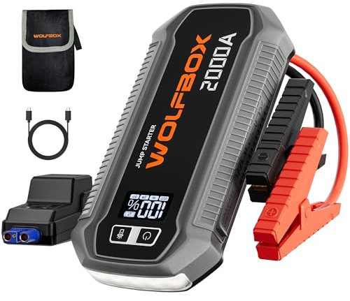 WOLFBOX 2000A Jump Starter Power Pack,12000mAh Car Starter Power Bank with 30W Quick Charge,LED Display,12V Car Battery Booster Jump Starter (7L Gas 6L Diesel Engine) with Booster,LED Light,Jump Leads