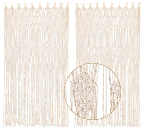 Garbenat Makramee Tapisserie - 85 x 200cm Handgewebten Vorhänge 2Pcs Boho Fenstervorhang Elfenbein Fadenvorhang mit Holzring Baumwolle Gewebter Vorhang - Elfenbein
