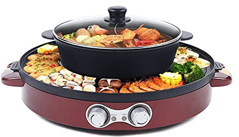 Barbecue coréen Hot Pot Electrique Appareil Fondue Chinoise et Barbecue Coréen électrique de Table 220V 2200W 2 en 1 Chauffage Haute Efficacité Contrôle de Température pour d'un Barbecue (Rouge)