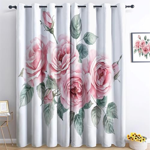 Curtain Watercolor Pink Roses Energy Saving Decorative Room Darkening Pink Opaque Panel Curtains for Decoration Living Room Dining Room W 46 x L 54 (2 Panels)
