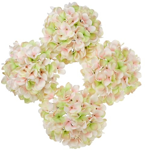 Hollyone Pink Green Silk Hydrangea Artificial Flowers Heads 7.4inch Large Fake Hydrangea 4Pcs Full Faux Flowers with Stems for Wedding Party Table Centerpieces Flower Arrangement Home Decor