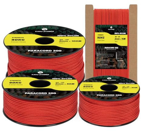 Kamu Synber 2mm Paracord 15m 100% Nylonrep 3 Trådar Typ I för Camping, Armband, Utomhus | Stöd 90kg | Röd