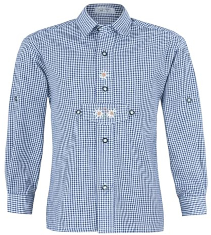 Isar-Trachten Camicia per bambini – Camicia da ragazzo con barretta decorativa e ricamo a stella alpina a quadretti per pantaloni in pelle – Oktoberfest Kirchweih, Blu marino, 116