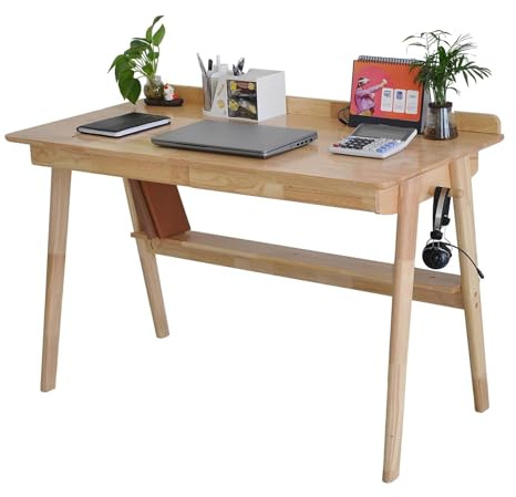 BuyUp Escritorio de Madera Maciza, Mesa de Ordenador Moderna, 120x60x75 cm, Diseño Mediados de Siglo, con 2 Cajones y Estante, Color Nogal (Color de la Madera, 100 * 60)