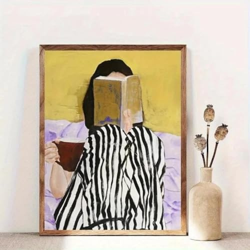 DAMAIART Abstrakte Frau liest Buch, trinkt Kaffee, Leinwanddrucke, schwarze Streifen, Frau, Wandkunst, Poster, moderne Wohnzimmer-Heimdekoration, 60 x 90 cm, rahmenlos