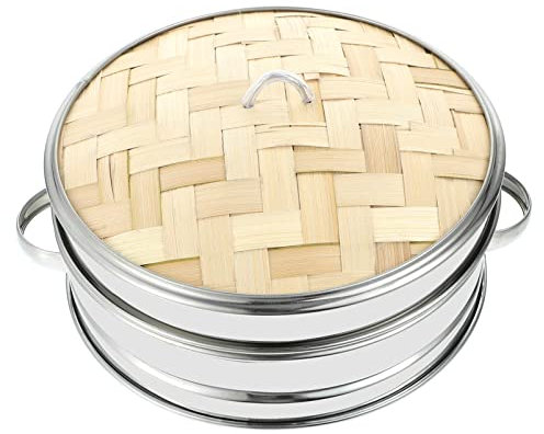 Vaporera De Panecillo Vaporizadora De Alimentos con Tapa De Bambú De Acero Inoxidable para Cocinar Verduras Y Volcar Verduras De Pollo Dim Sum Cesta De Vapor De Acero Inoxidable, 22cm, 22X18X11CM