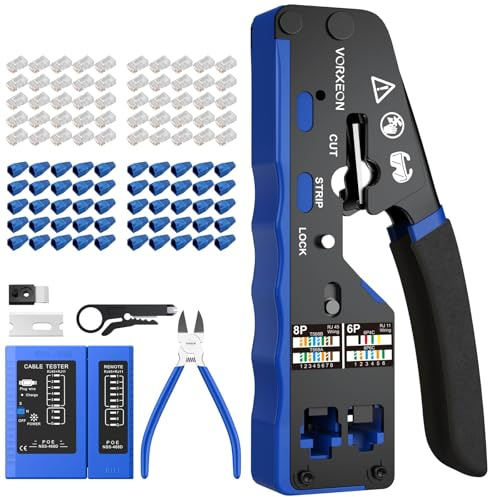 VORXEON Ethernet Crimping Kit RJ45 Crimp Tool Kit with 8P+6P Dual Interface Cat5 Cat5e Cat6 RJ11 RJ12 Pass Through Crimper with Network Cable Tester for IT Professionals and Home Network Installers