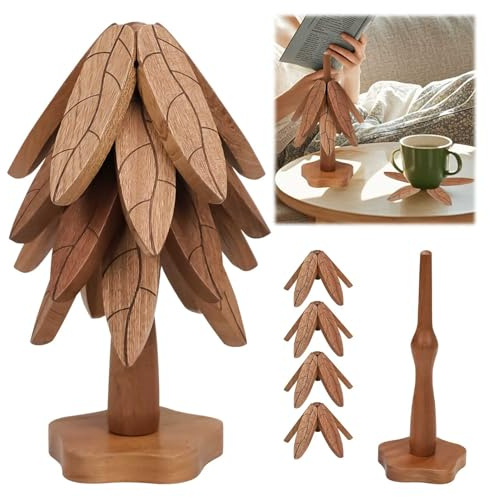 Lot de 4 dessous de verre en bois pour plats chauds, 4 sous-verres en bois + 1 support, pliable résistant à la chaleur, support de casserole pour plats chauds/théières