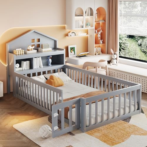 Kinderbett Bodenbett 90x200 cm mit Rausfallschutz&Lattenrost&Tür &Stauraum-Kopfteil&Tafel, Montessori Bett Bed Gitterbett Hausbett Kinder Jugendbett Einzelbett Holzbett Bettgestell, Massivholz, Grau