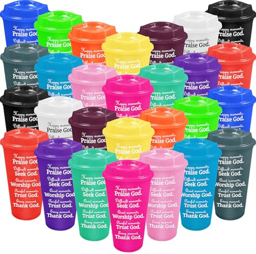 KDXBQ 28 Pack Plastic Coffee Cups with Lids, 480ml Reusable Tumblers for Adults, for Hot & Cold Drinks, Travel Mugs