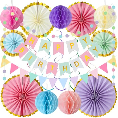 Macaron Geburtstagsdeko, Kindergeburtstag Party Deko Mädchen Frau mit Happy Birthday Girlande Pompons Wimpelkette Wabenbälle Papier Fans, Wiederverwendbare Pastell Geburtstagsdeko