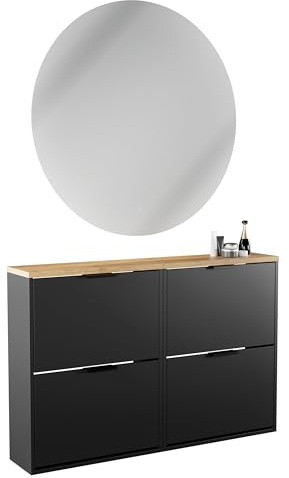 Planetmöbel 2 x Schuhschrank schmal | runder Spiegel mit Beleuchtung 100 cm, (2 Lichtstufen) Schuhkommode mit 2 Klappen Schuhregal mit 4 Ablagen, Garderobe Set, 60