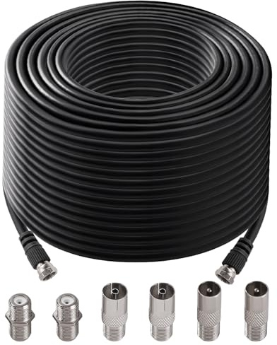 KUOQIY 20m 75 Ohm Câble Coaxial RG6, F Mâle vers F Mâle Haut Débit RG6 Câble D'antenne TV, avec 6 Pièces Coupleurs D'extension, pour décodeur, TV, Satellite, Routeur Numérique, Noir