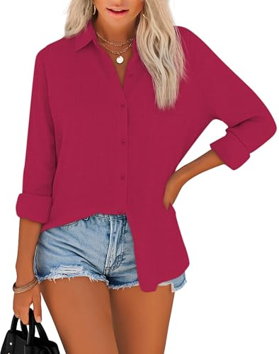 NONSAR Blusa para mujer elegante con cuello, parte superior de manga larga de algodón, blusas casuales y holgadas para mujer, rojo, XXL