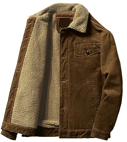Generisch Cowboy - Giacca da uomo Corduroy Revers in pile con tasca, calda giacca invernale a coste, tinta unita, alla moda, per il tempo libero, in pile, caffè, XL