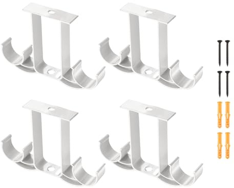 QUARKZMAN 4 Piezas Soporte para Barra Cortinas Techo, 115 mm Soporte para Barra Cortina Doble para Poste 1, Ganchos para Barras Cortina Soporte Montaje En Pared con Tornillos, Blanco
