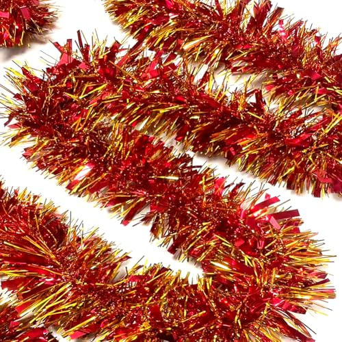 Psoeksdo 33Ft Christmas Tinsel Garland Xmas Tree Decorations Shiny Thick Red & Gold Metallic Twist Garland Ceiling Hanging Decor for Xmas New Year Birthday Party Indoor Outdoor Supplies-Red & Gold