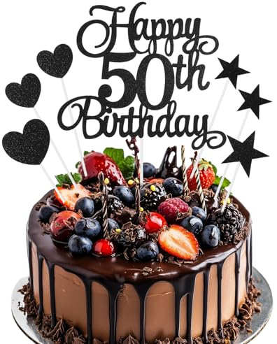 7Pcs Personalised Happy 50th Birthday Cake Topper, 50th Birthday Cake Decorations with Heart Star Cupcake Picks, Black Glitter Happy 50 Years Old Birthdays Sign for Birthdays Party Supplies