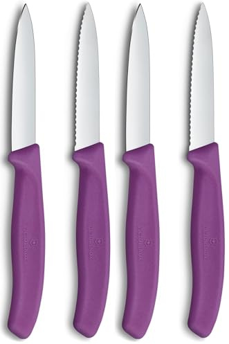 Victorinox Swiss Classic Coltello per verdure e spelucchini, per frutta e verdura, Extra affilato, dritto e seghettato, Acciaio inox, Viola (Confezione da 2)