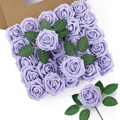 DuHouse 50 rose artificiali con steli, fiori in schiuma realistica al tatto, per bouquet di nozze, feste, centrotavola, composizioni floreali, decorazioni per la casa (Lilla)