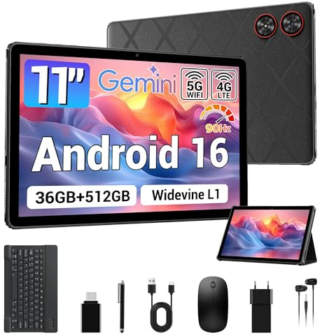 LORDWIT Android 16 Tablet 11 Zoll, 36GB RAM 512GB ROM/1TB TF, Dual SIM 4G LTE + 5G WiFi, 90Hz HD IPS Display, Octa Core, Widevine L1,WLAN, GPS, Tablets mit Tastatur/Hülle/Kopfhörer/Maus/Touch-Stift