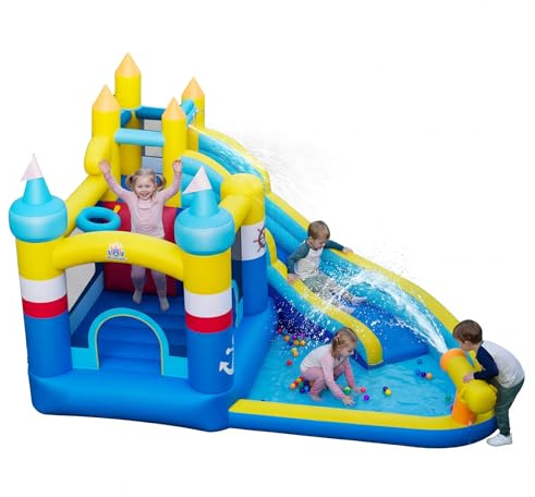 GYMAX Inflatable Water Castle, Kids Bounce House with Slide, Climbing Wall, Water Cannon, Basketball Hoop & Ocean Balls, Indoor Outdoor Children Bouncy Castle for 3-12 Years Old (without Blower) | with Slide, Climbing Wall, Water Cannon, Indoor Outdoor Children Bouncy Castle for 3-12 Years Old