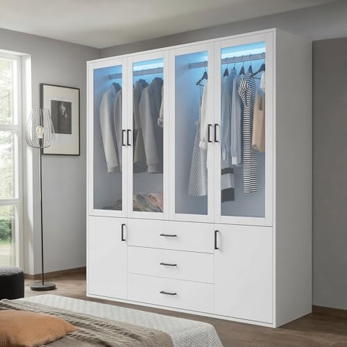 DAHUEN Kleiderschrank mit Spiegeltüren, Guardaroba Grande, Mobile Camera da letto, Cabina armadio portabiti, Armadio appendiabiti (Weiß-A)