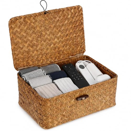 Aufbewahrungskorb Seegras Korb mit Deckel, 26x16x10cm, Handgeflochten Natur | Rechteckig Rattankorb Weidenkorb, Rattan Box mit Stabilem Drahtgestell, Aufbewahrungsbox für Badezimmer, Wohnzimmer, Küche, M