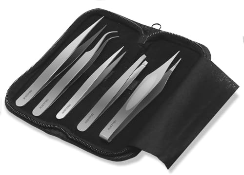 PREMIUM Pinzetten-Set Spitz-Pinzette Splitterpinzette mit Aufbewahrungsetui | 5-Teiliges Set aus Edelstahl mit Etui Bastelpinzetten Hobbypinzetten mit feinen präzisen Spitzen und optimaler Federwirkung