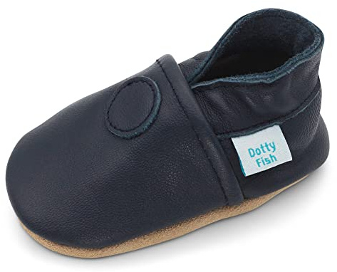 Dotty Fish Baby- och småbarnsskor med mjuk sula. Barfota läderskor för första gången, lätta och flexibla. Halkfri sula, resår i vristen, unisex - Enfärgad Marinblå 2-3 år