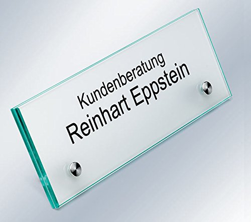 Sindutec® Tischaufsteller, Namensschild, Empfangsschild, ESG-Glas, 200x70x4 mm, 60° Aufstellwinkel, Schilderhalter Edelstahl mit extra- flachem Kopf