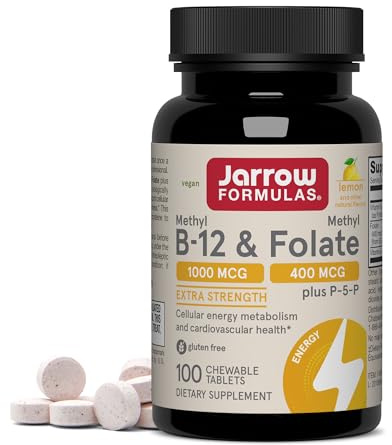 Jarrow Formulas Methyl B-12 & Methyl Folate, Bioactive Vitamin B9 & Vitamin B12 Supplement, Supports Cellular Energy Production, Healthy Brain Function & Metabolism, 100 Chewable Tablets, 100 Servings