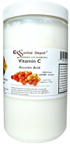 Essential Depot Ascorbic Acid Powder - Vitamin C - 2.2 lbs - 1 KG - USP - Safety Sealed HDPE Container with Resealable Cap