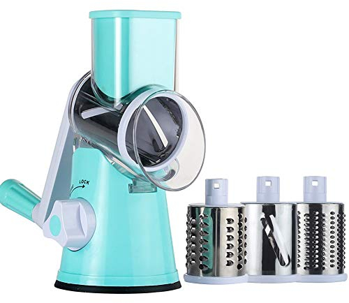 Ourokhome Rotary Cheese Grater Chopper - Vegetable Mandoline Slicer with 3 Interchangeable Ultra Sharp Cylinders Stainless Steel Blades（Blue）