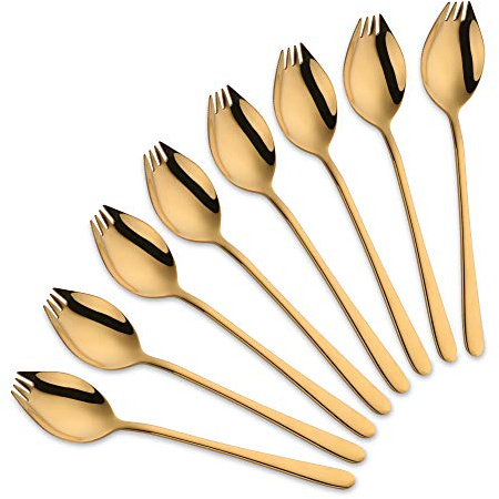 SBOMHS Spork Göffel mit messer wellenschliff Gold Edelstahl 8 Stück für Outdoor Camping Picknick 19CM Gabel Löffel 2 in 1